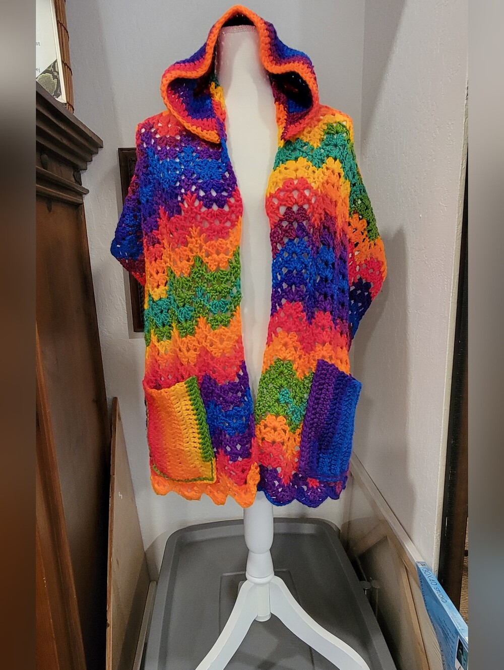 Handmade Knit  rainbow crochet hooded scarf with pockets, 14.5"× 67" + Hood